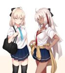  2girls absurdres ahoge alternate_costume aqua_neckwear black_legwear blouse blue_skirt blush breasts can canned_coffee cleavage clothes_around_waist contemporary cowboy_shot dark_skin eyebrows_visible_through_hair fate/grand_order fate_(series) hair_between_eyes hand_on_hip highres i.f.s.f long_hair looking_at_viewer medium_breasts miniskirt multiple_girls okita_souji_(fate) okita_souji_alter_(fate) open_mouth pink_eyes pink_hair pleated_skirt ponytail red_neckwear school_uniform short_hair short_ponytail silver_hair skirt small_breasts smile sweater_around_waist thigh-highs unbuttoned unbuttoned_shirt white_blouse yellow_eyes zettai_ryouiki 