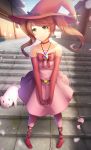  1girl alternate_costume alternate_hairstyle bare_shoulders breasts brown_hair choker closed_mouth collarbone doki_doki_literature_club dress eyebrows_visible_through_hair gloves green_eyes hat heart heart_choker highres jewelry long_hair looking_away medium_breasts monika_(doki_doki_literature_club) necklace pig pink_dress pink_gloves smile solo stairs standing strapless strapless_dress tsukimaru twintails witch_hat 