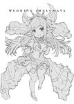  1girl alternate_costume arulumaya bangs bare_shoulders blush bracelet breasts breasts_apart bridal_gauntlets bridal_veil character_name collarbone commentary_request crescent crescent_hair_ornament dress elbow_gloves eyebrows_visible_through_hair full_body garter_straps gloves granblue_fantasy hair_ornament harvin headgear high_heels jewelry long_hair looking_at_viewer monochrome mushi024 necklace no_bra open_mouth pointy_ears simple_background small_breasts smile solo strapless strapless_dress tagme thigh-highs veil wedding_dress white_background 