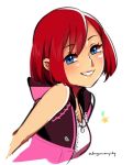  1girl blue_eyes bob_cut commentary cropped_torso d-ryuu dress english_commentary grin jewelry kairi_(kingdom_hearts) kingdom_hearts kingdom_hearts_iii looking_at_viewer necklace redhead short_hair simple_background sketch sleeveless sleeveless_dress smile twitter_username white_background 