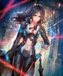 1girl artist_request belt black_hair briefcase brown_eyes cygames dei_secret_agent gloves hand_on_hip indoors jacket laser_beam leather leather_gloves leather_jacket leather_pants light_trail long_hair looking_to_the_side navel official_art pants shadowverse sleeves_rolled_up solo umbrella unbuttoned 