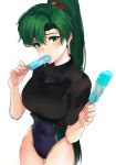  1girl bangs black_shirt blue_swimsuit blush breasts covered_navel earrings eating fire_emblem fire_emblem:_rekka_no_ken food green_eyes green_hair high_ponytail hips jewelry large_breasts long_hair looking_at_viewer lyndis_(fire_emblem) one-piece_swimsuit ormille ponytail popsicle scrunchie shirt simple_background solo swimsuit swimsuit_under_clothes tied_shirt white_background 