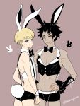  2boys animal_ears asuka_ryou black_hair blonde_hair blue_eyes bow bowtie brown_eyes bunny_boy bunny_tail crop_top dark_skin dark_skinned_male detached_collar devilman devilman_crybaby fudou_akira kemonomimi_mode male_focus multiple_boys nightcat pectorals rabbit_ears short_shorts shorts suspenders tail undercut waistcoat wrist_cuffs 