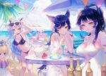  6+girls animal_ears arm_strap arm_up atago_(azur_lane) azur_lane ball bangs beach beachball bikini black_bikini black_hair black_ribbon blue_sky bottle bow breasts character_request chin_rest cleavage clouds collarbone day eyewear_on_head flower grey_bow hair_bow hair_flower hair_ornament hair_ribbon halterneck high_ponytail highres holding holding_ball innertube large_breasts long_hair looking_at_viewer lying maccha_(mochancc) medium_breasts multiple_girls navel ocean on_back outdoors palm_tree pink_flower prinz_eugen_(azur_lane) ribbon side-tie_bikini sideboob silver_hair sitting skirt sky sparkle sunglasses swimsuit takao_(azur_lane) tanikaze_(azur_lane) tree twintails white_bikini_top white_ribbon white_skirt yellow_eyes 