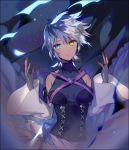  1girl aqua_(kingdom_hearts) aura blue_eyes blue_hair corruption dark_background detached_sleeves fingerless_gloves gloves kingdom_hearts kingdom_hearts_iii looking_at_viewer ninomoto short_hair silver_hair solo spoilers transformation upper_body yellow_eyes 