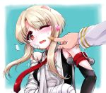  1girl artist_request azur_lane bandage blonde_hair blue_background blush breasts cheek_poking commentary_request head_bump heart juneau_(azur_lane) necktie open_mouth poking portrait red_eyes shirt short_hair_with_long_locks sleeveless sleeveless_shirt small_breasts solo tears 