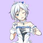  1girl ;d anastasia_(idolmaster) arm_strap blue_eyes bracelet choker collarbone diadem gloves head_tilt idolmaster idolmaster_cinderella_girls jewelry one_eye_closed open_mouth purple_background riruhasu_(sesu_n) short_hair silver_hair simple_background sleeveless smile solo starry_sky_bright striped upper_body white_gloves 