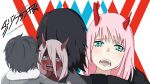  1boy 1girl asymmetrical_horns bangs black_bodysuit black_cloak black_hair blush bodysuit cloak coat commentary_request couple crying crying_with_eyes_open darling_in_the_franxx dual_persona fangs fur_trim green_eyes grey_coat hetero highres hiro_(darling_in_the_franxx) hood hooded_cloak horns hug long_hair looking_at_viewer oni_horns parka pilot_suit pink_hair red_horns red_pupils red_sclera red_skin short_hair signature spoilers tears winter_clothes winter_coat xiaoying_yuan younger zero_two_(darling_in_the_franxx) 