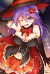  1girl anemone_(flower_knight_girl) bare_shoulders blue_eyes blush breasts cleavage flower_knight_girl hair_ornament hairclip halloween hat kimukimu large_breasts long_hair looking_at_viewer navel one_eye_closed open_mouth purple_hair smile solo violet_eyes witch witch_hat 