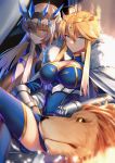  2girls armor artoria_pendragon_(all) artoria_pendragon_(lancer) artoria_pendragon_(lancer_alter) bangs blonde_hair blue_legwear braid breasts cape cleavage closed_mouth commentary eyebrows_visible_through_hair fate/grand_order fate_(series) french_braid fur-trimmed_cape fur_trim gauntlets hair_between_eyes highres large_breasts legs_crossed lion looking_at_viewer morgan_le_fay_(fate) multiple_girls parted_lips sidelocks sitting thigh-highs thighs yellow_eyes yorukun 