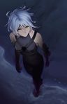  1girl aqua_(kingdom_hearts) bangs bare_shoulders breasts closed_mouth dark_skin eyebrows_visible_through_hair gogo_(detteiu_de) hair_between_eyes highres jumpsuit kingdom_hearts kingdom_hearts_iii looking_at_viewer medium_breasts short_hair silver_hair solo spoilers v-shaped_eyebrows yellow_eyes 