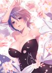  1girl aqua_(kingdom_hearts) bangs bare_shoulders blue_eyes blue_hair blush breasts cherry_blossoms chromatic_aberration cleavage collarbone detached_sleeves fingernails flower hair_between_eyes kingdom_hearts kingdom_hearts_birth_by_sleep large_breasts long_sleeves open_mouth pink_flower short_hair solo tamaki_(tmk-poison) wide_sleeves 