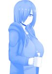  /\/\/\ 1girl breasts coffee_mug cup hair_over_one_eye highres holding holding_cup hood hooded_jacket huge_breasts jacket long_hair looking_at_viewer monochrome mug nao_(ritsancrossover) open_clothes open_jacket original pai-chan_(nao) simple_background solo white_background 