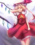  1girl back_bow bangs blonde_hair bow covering_mouth cowboy_shot eyebrows_visible_through_hair flandre_scarlet frilled_skirt frills hair_between_eyes hat kagarino_hikaru long_hair red_eyes red_skirt short_sleeves side_ponytail single_wing skirt solo standing touhou white_bow white_hat wings 
