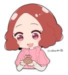  1girl :d blush brown_eyes brown_hair commentary_request do_m_kaeru okumura_haru open_mouth persona persona_5 pink_sweater ribbed_sweater short_hair smile sweater twitter_username 