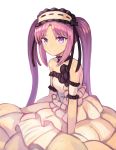  1girl absurdres bare_shoulders choker commentary dress euryale fate/grand_order fate_(series) hairband highres lolita_hairband long_hair looking_at_viewer purple_hair simple_background smile solo sookmo strapless strapless_dress twintails violet_eyes white_background white_dress 