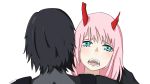  1boy 1girl asymmetrical_horns bangs black_bodysuit black_hair blush bodysuit commentary_request couple crying crying_with_eyes_open darling_in_the_franxx fangs green_eyes hetero highres hiro_(darling_in_the_franxx) horns long_hair looking_at_viewer oni_horns open_mouth pilot_suit pink_hair red_horns sharp_teeth short_hair signature tears teeth xiaoying_yuan zero_two_(darling_in_the_franxx) 