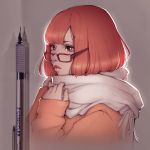  1girl arms_up backlighting bangs brown_eyes closed_mouth commentary_request eyelashes glasses joanna_ladowska lips long_sleeves mechanical_pencil orange_coat paper parted_bangs pencil photo short_hair solo staedtler upper_body 