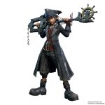  1boy alternate_costume bandanna belt boots brown_hair dirty_face full_body hat jacket jewelry keyblade kingdom_hearts kingdom_hearts_iii looking_at_viewer necklace official_art pants pirate_hat serious simple_background solo sora_(kingdom_hearts) square_enix striped striped_pants vertical_stripes white_background 