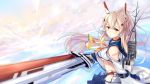  1girl ayanami_(azur_lane) azur_lane bandaid bandaid_on_arm bare_shoulders blurry breasts cannon choker clouds cloudy_sky depth_of_field detached_sleeves foreshortening hair_ornament highres long_hair looking_at_viewer medium_breasts midriff ocean personification pleated_skirt ponytail red_eyes ribbon sailor_collar shionji_ax silver_hair skirt sky solo sword under_boob weapon wide_sleeves 