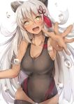  1girl :d black_legwear black_swimsuit breasts cleavage collarbone commentary_request dark_skin eyebrows_visible_through_hair fate/grand_order fate_(series) grey_hair hair_between_eyes long_hair looking_at_viewer majin_saber medium_breasts nakatokung okita_souji_alter_(fate) one-piece_swimsuit open_mouth outstretched_arm smile solo splashing swimsuit thigh-highs very_long_hair water_drop yellow_eyes 