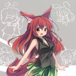  1girl animal_ears bare_shoulders black_shirt breasts commentary_request eyebrows_visible_through_hair fang fox_girl green_skirt hair_between_eyes highres long_hair looking_at_viewer open_mouth orange_eyes original redhead ryogo shirt simple_background skirt sleeveless sleeveless_shirt small_breasts solo tail 