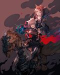  2girls animal animal_ears blue_eyes braid brown_hair cat_ears chocobo closed_mouth facial_mark final_fantasy final_fantasy_xiv gauntlets highres holding holding_staff long_hair miqo&#039;te multiple_girls multiple_riders natsumoka open_mouth riding short_hair sleeveless staff 