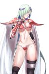  1girl armor bad_anatomy bikini_armor black_legwear breasts brynhildr_(fate) cape choker closed_mouth collarbone cosplay cropped_legs depo_(typebaby505) elizabeth_bathory_(brave)_(fate) elizabeth_bathory_(brave)_(fate)_(cosplay) elizabeth_bathory_(fate)_(all) embarrassed fate/grand_order fate/prototype fate/prototype:_fragments_of_blue_and_silver fate_(series) gloves hair_over_one_eye hand_on_own_chest highres large_breasts long_hair looking_to_the_side navel pauldrons red_gloves simple_background solo standing sweat thigh-highs violet_eyes white_background white_cape white_hair 