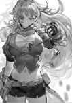  1girl belt blazer breasts buckle cleavage facing_viewer fingerless_gloves gloves greyscale hair_over_eyes hand_up highres izumi_sai jacket large_breasts long_hair midriff monochrome navel one_eye_covered puffy_short_sleeves puffy_sleeves red_eyes rwby scarf short_shorts short_sleeves shorts sketch vambraces waist_cape wavy_hair yang_xiao_long 