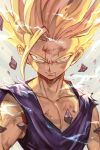  1boy antenna_hair arms_at_sides aura blonde_hair close-up dirty dougi dragon_ball dragonball_z floating floating_rock frown green_eyes grey_background hankuri looking_at_viewer male_focus rock serious short_hair simple_background son_gohan spiky_hair standing super_saiyan torn_clothes upper_body 
