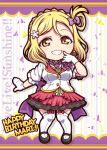  1girl birthday black_footwear blonde_hair braid breasts character_name chibi confetti crown_braid english gloves grin hair_rings happy_birthday large_breasts love_live! love_live!_sunshine!! medium_hair miloku mirai_ticket ohara_mari smile solo white_gloves white_legwear yellow_eyes 