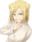  1girl blonde_hair collarbone collared_shirt commentary demi-chan_wa_kataritai double_bun eyebrows_visible_through_hair fang finger_to_face grin iguchi_(strawmat) long_hair looking_at_viewer shirt simple_background smile solo takanashi_hikari upper_body white_background yellow_eyes 