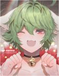  animal_ears bell bell_collar choker clenched_hands collar collarbone green_hair headshot one_eye_closed open_mouth original pink_eyes red_eyes short_hair skunkyfly smile upper_body 