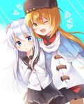  2girls black_serafuku black_skirt blue_eyes blue_shawl blush brown_hair brown_legwear dress eyebrows_visible_through_hair hair_between_eyes hair_ornament hairclip hand_on_head hibiki_(kantai_collection) jacket kantai_collection long_hair long_sleeves looking_at_viewer megu_kaze miniskirt multiple_girls one_eye_closed open_mouth pantyhose papakha red_eyes red_shirt remodel_(kantai_collection) sailor_collar sailor_dress scarf school_uniform serafuku shawl shirt silver_hair skirt tashkent_(kantai_collection) torn_scarf twintails verniy_(kantai_collection) white_jacket white_scarf 