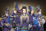  5boys :d black_hair cape character_request cowboy_shot hands_up hat headwear holding holding_weapon long_hair male_focus multiple_boys open_mouth purple_hat sangoku_musou sima_yi smile standing tagme weapon wide_sleeves yaka_(kk1177) 