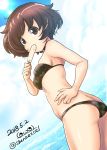  1girl absurdres akiyama_yukari artist_name ass bangs bikini breasts brown_eyes brown_hair butt_crack camouflage camouflage_bikini clouds cloudy_sky commentary_request cowboy_shot dated day excel_(shena) eyebrows_visible_through_hair food food_in_mouth from_behind girls_und_panzer green_bikini hand_on_hip highres looking_at_viewer looking_back lowleg lowleg_bikini medium_breasts messy_hair outdoors popsicle short_hair signature skindentation sky solo sparkle standing sun sunlight swimsuit twitter_username 