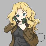 1girl :d black_shirt blonde_hair breasts brown_jacket eyebrows_visible_through_hair floating_hair girls_und_panzer green_eyes grey_background holding jacket kay_(girls_und_panzer) long_hair medium_breasts open_clothes open_jacket open_mouth riruhasu_(sesu_n) shirt simple_background sketch smile solo upper_body 