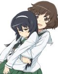  2girls akiyama_yukari bangs black_hair black_neckwear blouse brown_eyes brown_hair cowboy_shot dot_nose girls_und_panzer grabbing grabbing_from_behind green_skirt hairband half-closed_eyes iguchi_(strawmat) light_blush long_hair long_sleeves looking_at_viewer messy_hair multiple_girls neckerchief ooarai_school_uniform open_mouth pleated_skirt reizei_mako school_uniform serafuku short_hair simple_background skirt smile tired white_background white_blouse white_hairband 