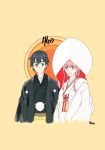  1boy 1girl alternate_hairstyle bangs black_hair blue_eyes blue_horns cherry_blossoms commentary_request couple darling_in_the_franxx folded_hair green_eyes hakama haori hetero highres hiro_(darling_in_the_franxx) hood hood_up horns japanese_clothes kimono long_hair oni_horns pink_hair short_hair sidelocks signature traditional_clothes uchikake uchikun_palette white_kimono zero_two_(darling_in_the_franxx) 