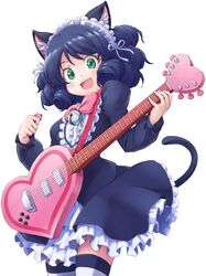  1girl animal_ears bell blue_dress blue_hair bow bowtie cat_ears cat_tail commentary cowboy_shot cyan_(show_by_rock!!) dot_nose dress drill_hair eyebrows_visible_through_hair fang frilled_dress frills green_eyes guitar heart heart_guitar highres holding holding_instrument iguchi_(strawmat) instrument juliet_sleeves long_sleeves looking_at_viewer maid_headdress music open_mouth pink_bow pink_neckwear playing_instrument plectrum puffy_sleeves show_by_rock!! simple_background smile solo striped striped_legwear tail thigh-highs white_background 