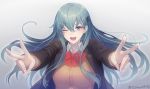  1girl :d aqua_eyes aqua_hair ascot bangs blush breasts brown_jacket cardigan collared_shirt double_v eyebrows_visible_through_hair floating_hair gradient gradient_background hair_between_eyes hair_ornament hairclip jacket kantai_collection large_breasts long_hair looking_at_viewer one_eye_closed open_cardigan open_clothes open_mouth pantsu_majirou remodel_(kantai_collection) school_uniform shirt sidelocks smile solo suzuya_(kantai_collection) twitter_username upper_body v vest white_shirt 