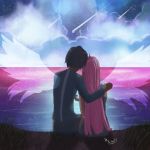  1998_kosinska 1boy 1girl black_hair clouds cloudy_sky commentary couple darling_in_the_franxx from_behind grass grey_shirt grey_shorts hand_holding hand_on_another&#039;s_shoulder hetero hiro_(darling_in_the_franxx) horns hug long_hair long_sleeves night night_sky ocean oni_horns pink_hair red_horns shirt short_hair shorts signature sitting sky sleeveless star star_(sky) starry_sky water wings zero_two_(darling_in_the_franxx) 