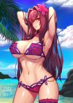  1girl armpits arms_up bangs bare_shoulders beach bikini blue_sky blush breasts cleavage collarbone dated fate/grand_order fate_(series) flower hair_between_eyes hair_flower hair_intakes hair_ornament hibiscus hips large_breasts leg_garter long_hair looking_at_viewer navel ocean outdoors palm_tree pink_bikini purple_hair qblade red_eyes scathach_(fate/grand_order) scathach_(swimsuit_assassin)_(fate) signature sky solo swimsuit thighs tree waist wet 