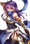  1girl anemone_(flower_knight_girl) bare_shoulders blue_eyes blush breasts flower flower_knight_girl garter_straps hair_flower hair_ornament hairclip kimukimu long_hair looking_at_viewer medium_breasts purple_hair scarf solo thigh-highs violet_eyes 