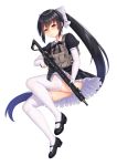  1girl absurdres allenes ass assault_rifle black_hair bow brown_eyes chinese_commentary commentary_request gun highres long_hair looking_at_viewer magazine_(weapon) maid official_art original rifle shoes solo thigh-highs very_long_hair weapon white_background white_legwear 