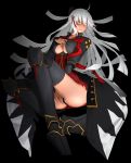  1girl ass black_background breasts cleavage cleavage_cutout dark_skin fate/grand_order fate_(series) hand_on_own_chest i-pan long_hair looking_at_viewer okita_souji_alter_(fate) platform_footwear shin_guards simple_background thigh-highs very_long_hair white_hair yellow_eyes 