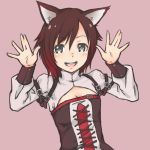  1girl :d animal_ears blush breasts brown_hair cat_ears cleavage gradient_hair grey_eyes looking_at_viewer multicolored_hair open_mouth pink_background redhead riruhasu_(sesu_n) ruby_rose rwby short_hair simple_background small_breasts smile solo two-tone_hair upper_body 