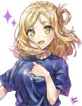  10s 1girl :d artist_name blonde_hair blue_shirt braid clenched_hand clothes_writing crown_braid green_eyes hair_rings hand_on_own_chest highres love_live! love_live!_sunshine!! medium_hair ohara_mari open_mouth shirt short_sleeves simple_background smile solo sparkle t-shirt takenoko_no_you upper_body white_background 
