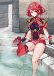  1girl armor asymmetrical_legwear bangs breasts covered_navel fingerless_gloves gloves half-closed_eyes highres pyra_(xenoblade) large_breasts looking_at_viewer partially_submerged red_eyes redhead short_hair short_shorts shorts single_thighhigh skindentation smile swept_bangs thigh-highs tiara undressing vambraces xenoblade_(series) xenoblade_2 