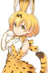  1girl animal_ears blonde_hair bow bowtie breasts cat_ears closed_mouth commentary cowboy_shot dot_nose elbow_gloves extra_ears eyebrows_visible_through_hair gloves iguchi_(strawmat) kemono_friends looking_at_viewer medium_breasts paw_pose serval_(kemono_friends) serval_ears serval_print serval_tail simple_background skirt sleeveless smile solo tail underbust white_background yellow_eyes 